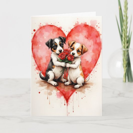 Whimsical Cute Dogs Valentine Hearts and Red Roses カード (正面)