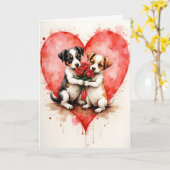 Whimsical Cute Dogs Valentine Hearts and Red Roses カード (黄色い花)