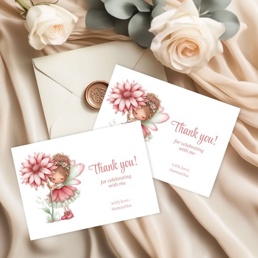 Whimsical Cute Fairy Blush Floral 1st Birthday  サンキューカード