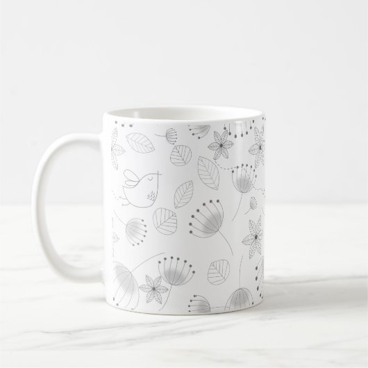 Whimsical Cute Floral and Bird Pattern on White コーヒーマグカップ (左)