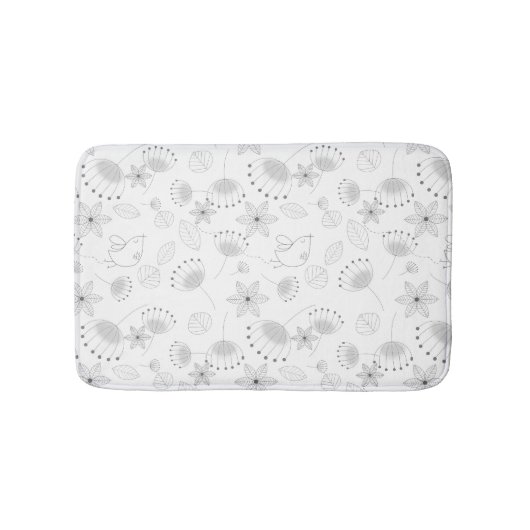 Whimsical Cute Floral and Bird Pattern on White バスマット (正面)