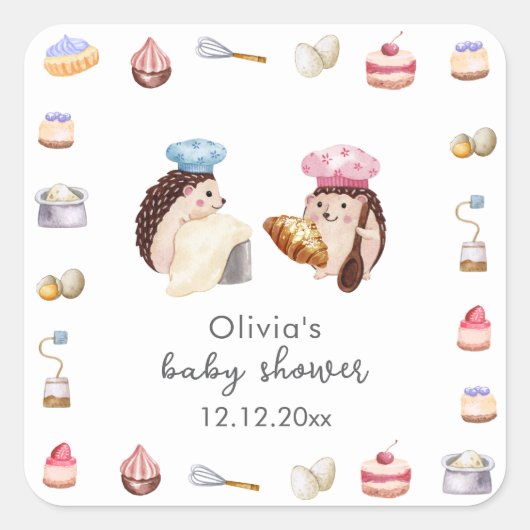 Whimsical Cute Hedgehog Chef Baker Baby Shower  スクエアシール (正面)