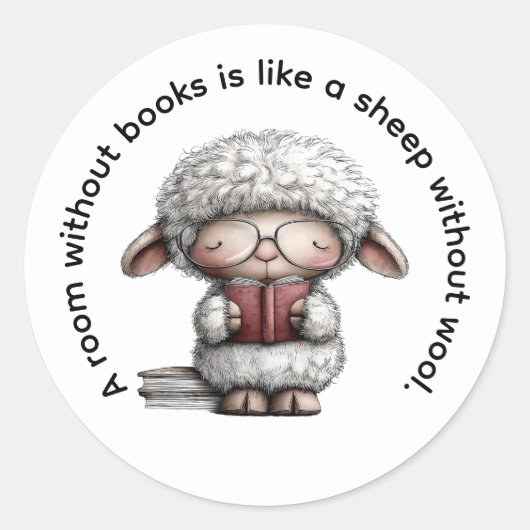 Whimsical Cute Sheep Reading a Book ラウンドシール (正面)