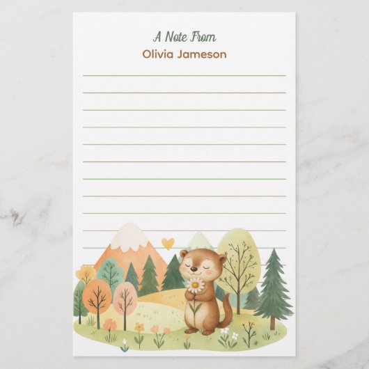 Whimsical Cute Squirrel Flower Personalized Kid's 便箋 (正面)