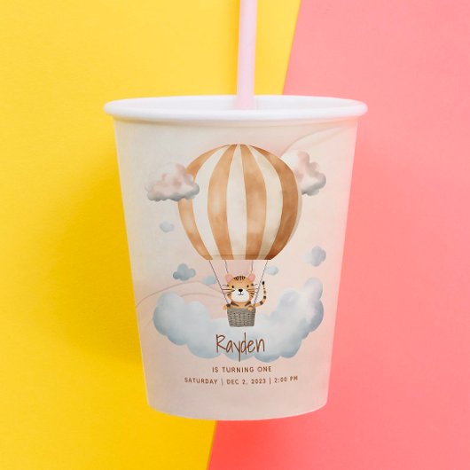 Whimsical Cute Tiger Hot Air balloon 1st Birthday  紙コップ
