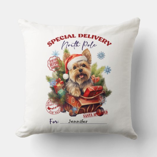 Whimsical Cute Yorkie Christmas Throw Pillow クッション (正面)