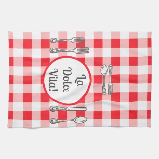 Whimsical Cutlery Dolce Vita Red Check  キッチンタオル (横)