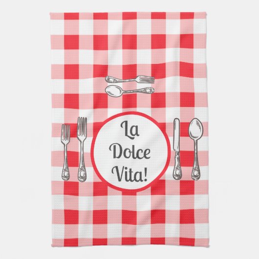 Whimsical Cutlery Dolce Vita Red Check  キッチンタオル (縦)