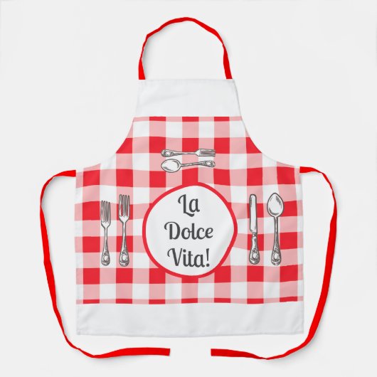 Whimsical Cutlery Dolce Vita Red Check Unisex エプロン (正面)