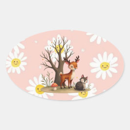 Whimsical Deer & Hedgehog Sticker 楕円形シール
