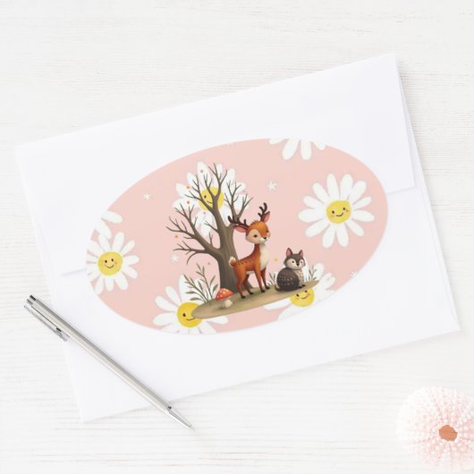 Whimsical Deer & Hedgehog Sticker 楕円形シール (封筒)