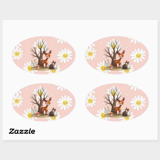 Whimsical Deer & Hedgehog Sticker 楕円形シール (シート)