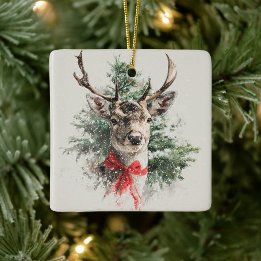 Whimsical Deer with Red Bow Christmas Ornament セラミックオーナメント (ツリー)