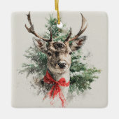 Whimsical Deer with Red Bow Christmas Ornament セラミックオーナメント (正面)