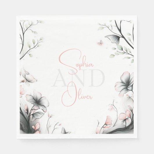 Whimsical Delicate Blush Floral Branch  スタンダードランチョンナプキン (正面)