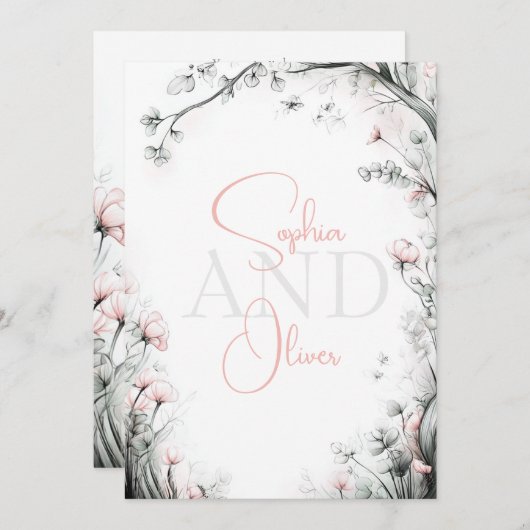 Whimsical Delicate Blush Floral Branch  招待状 (正面/裏面)