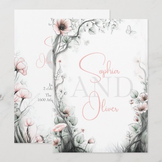 Whimsical Delicate Blush Floral Branch  招待状 (正面/裏面)