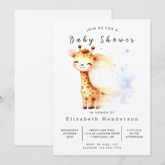 whimsical digital giraffe baby shower 招待状 (正面/裏面)