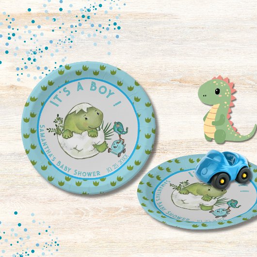 Whimsical Dino Egg Hatch Boy Baby Shower ペーパープレート