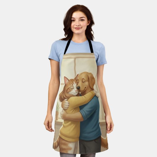 Whimsical Dog and Cat Hug All-Over Print Apron エプロン (着用した状態)