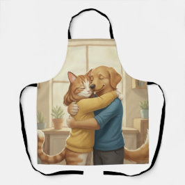 Whimsical Dog and Cat Hug All-Over Print Apron エプロン