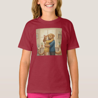 Whimsical Dog and Cat Hug Girls' T-Shirt Tシャツ