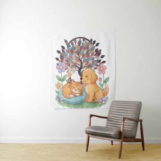 Whimsical Dog & Cat Tapestry – Colorful Nature Wal タペストリー (インサイチュ)