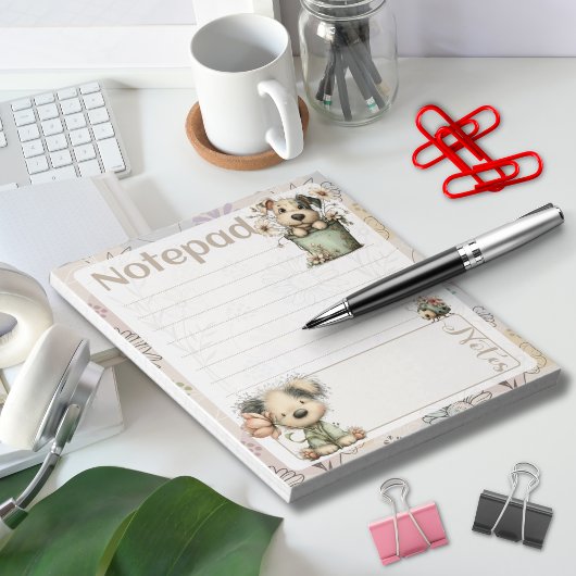 Whimsical Dog Flower Bucket – Pastel Garden Design ノートパッド