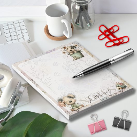 Whimsical Dog Flower Bucket – Pastel Garden Design ノートパッド