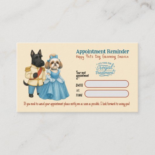 Whimsical  Dog Grooming Appointment Reminder Card 名刺 (正面)