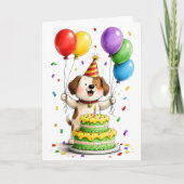 Whimsical Dog Party Hat Cake Balloons Birthday カード (正面)