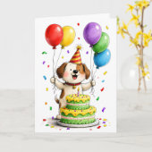 Whimsical Dog Party Hat Cake Balloons Birthday カード (黄色い花)