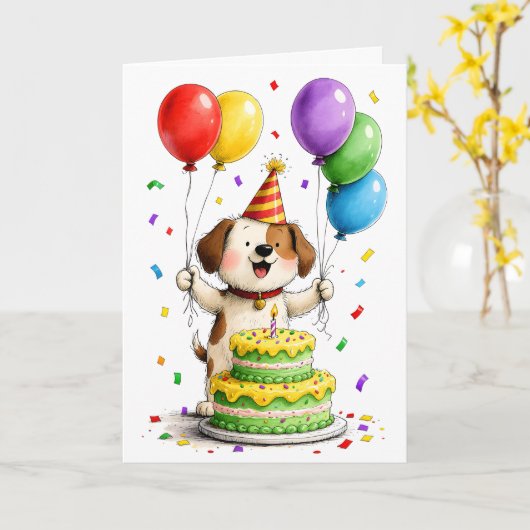 Whimsical Dog Party Hat Cake Balloons Birthday カード (黄色い花)