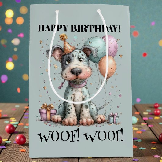 Whimsical Dog Watercolor Birthday ミディアムペーパーバッグ