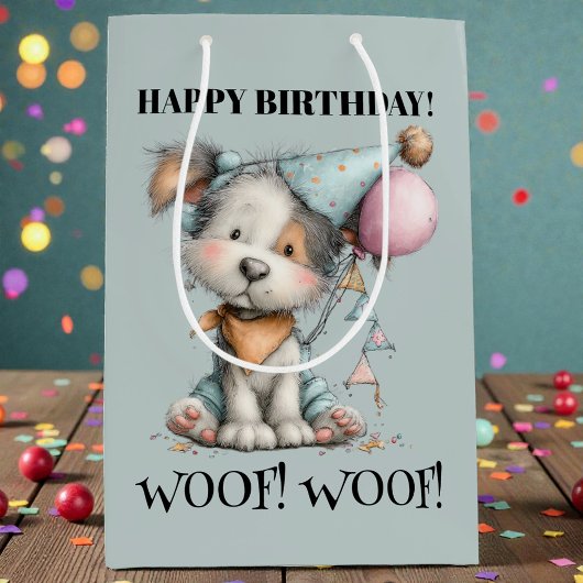 Whimsical Dog Watercolor Birthday ミディアムペーパーバッグ