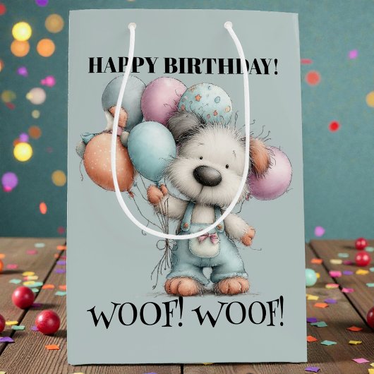 Whimsical Dog Watercolor Birthday ミディアムペーパーバッグ