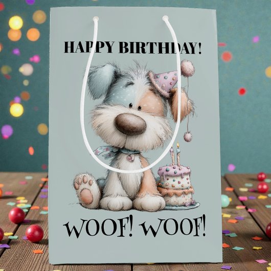 Whimsical Dog Watercolor Birthday ミディアムペーパーバッグ