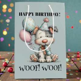 Whimsical Dog Watercolor Birthday ミディアムペーパーバッグ