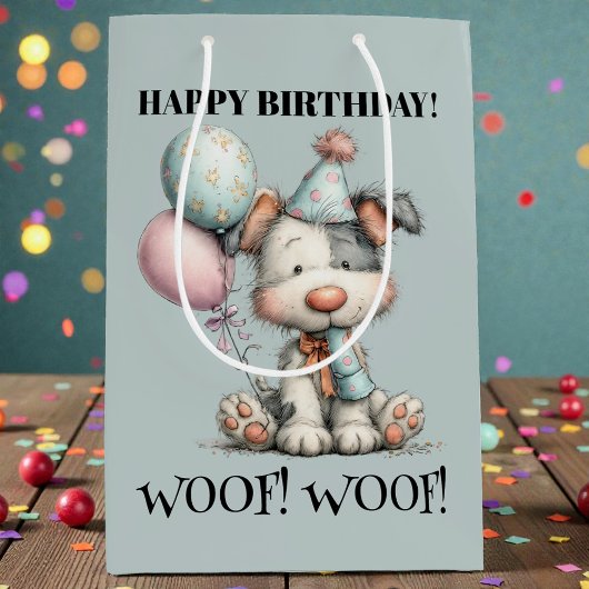 Whimsical Dog Watercolor Birthday ミディアムペーパーバッグ