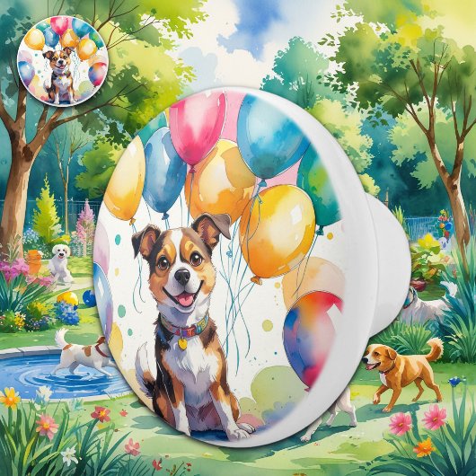 Whimsical Dog with Pastel Balloons Watercolor セラミックノブ