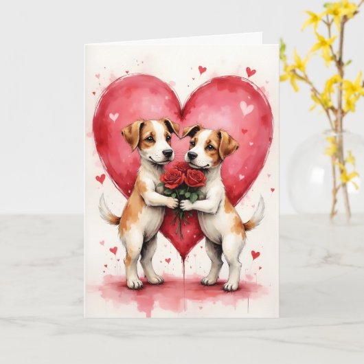 Whimsical Dogs Valentine Hearts and Red Roses カード (黄色い花)