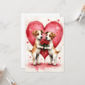 Whimsical Dogs Valentine Hearts and Red Roses カード (正面/裏面インサイチュ)