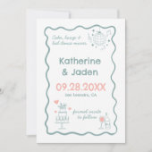  whimsical doodle ブルー Save The Date カード (正面)