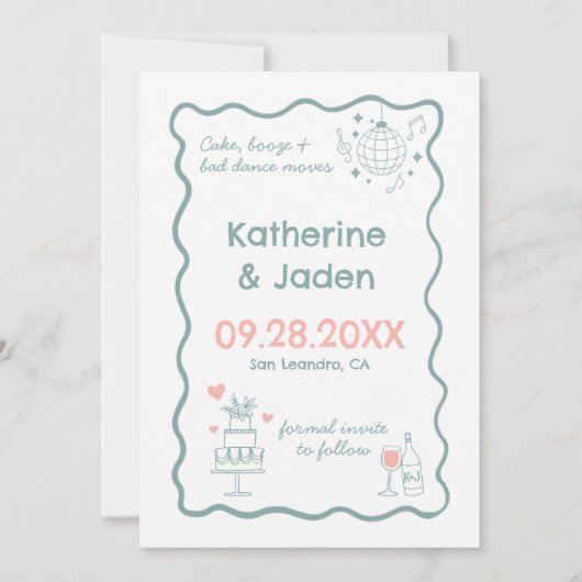 whimsical doodle ブルー Save The Date カード (正面)