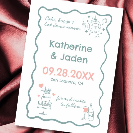  whimsical doodle ブルー Save The Date カード
