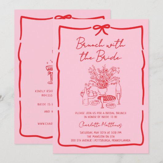 Whimsical Doodle Brunch with the Bride Red Pink  招待状 (正面/裏面)