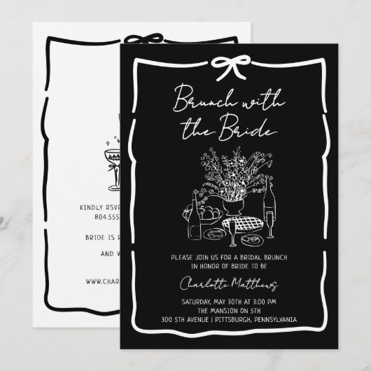 Whimsical Doodle Brunch with the Bride Red Pink I 招待状 (正面/裏面)