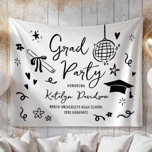 Whimsical Doodle Grad Party Graduation Backdrop タペストリー