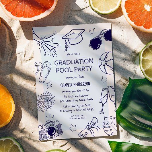 Whimsical Doodle Graduation Pool Party 招待状