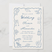 Whimsical Doodle Hand Drawn Coastal Beach Wedding 招待状 (正面)